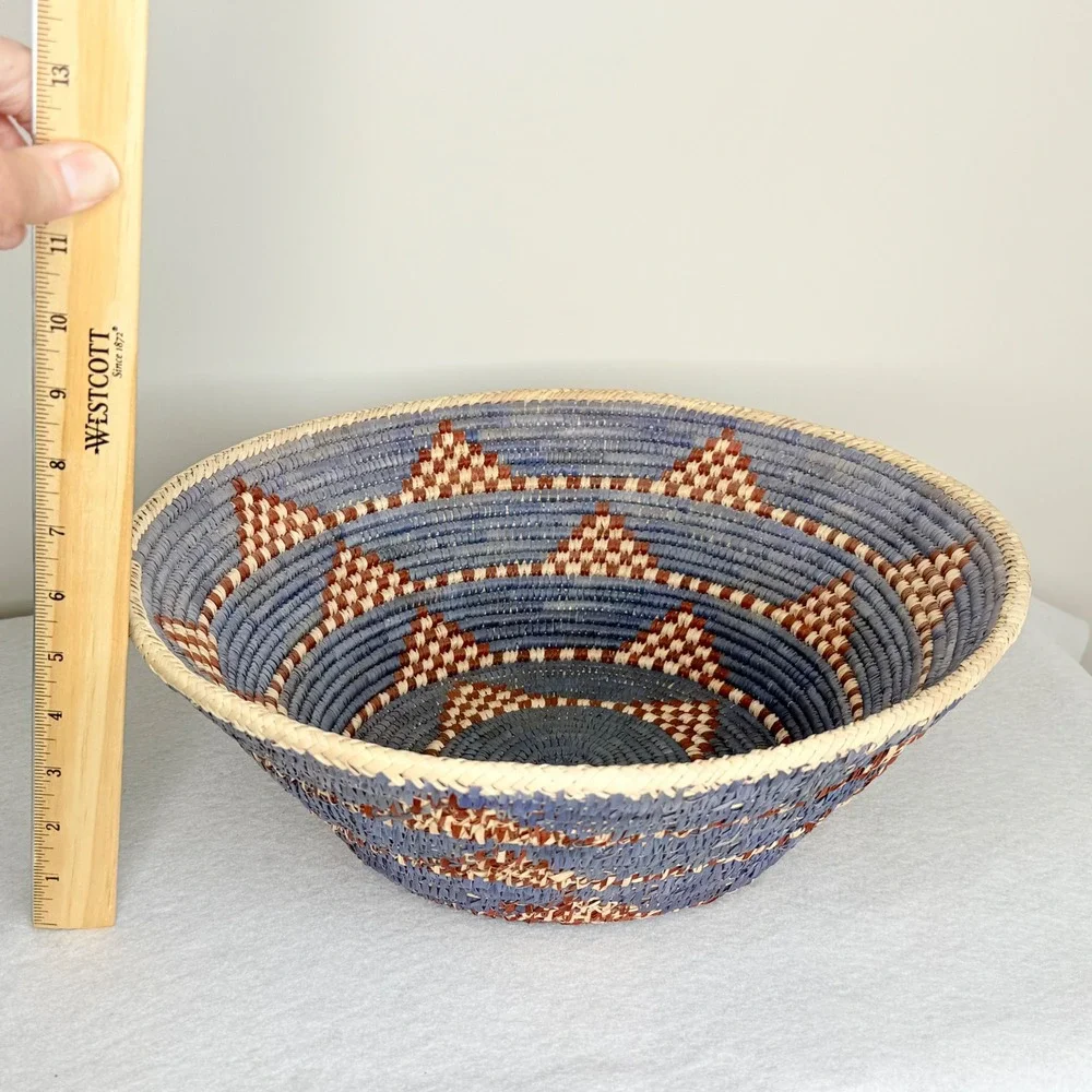 Large Handwoven Coil Basket Bowl Blue Geometric Boho African Decor 15 in Vintae‎